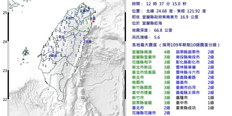 宜蘭近海顯著有感地震！規模5.6最大震度4級